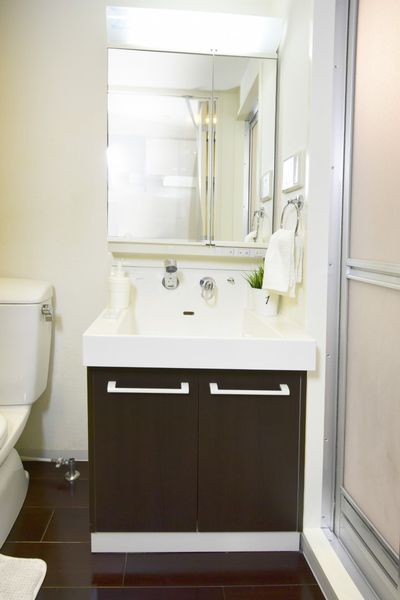 容易把独立卫浴柜(B型)外表检查换成的大的镜子。镜子的背面也是橱柜。※没为样板房有小东西。